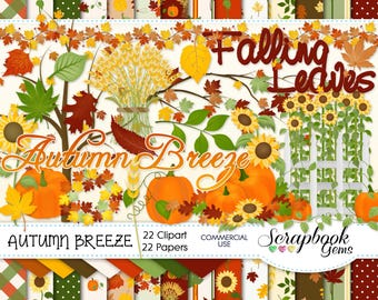 Kit de imágenes prediseñadas y documentos AUTUMN BREEZE, 22 archivos de imágenes prediseñadas PNG, 22 archivos de documentos JPEG, descarga instantánea de hojas de Acción de Gracias de otoño, calabaza, girasol