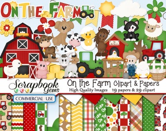 ON THE FARM Clipart & Papers Kit, 29 png Clipart files, 19 jpeg Paper files Instant Download cow horse chicken pig sheep ranch barn tractor