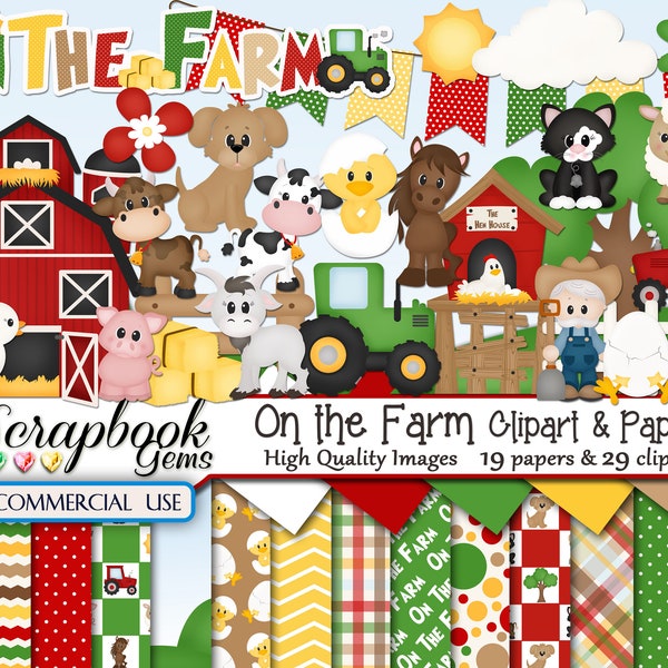 ON THE FARM Clipart & Papers Kit, 29 png Clipart files, 19 jpeg Paper files Instant Download cow horse chicken pig sheep ranch barn tractor