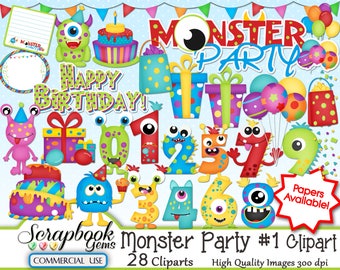 MONSTER PARTY Kit #1 Clipart, 28 png Clipart files, Instant Download monster birthday party balloons cake gift presents number candles boys