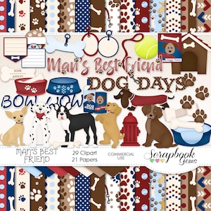 MAN'S BEST FRIEND Clipart & Papers Kit, 29 png Clip arts, 21 jpeg Papers Instant Download puppy hond retriever chihauhau pootafdruk