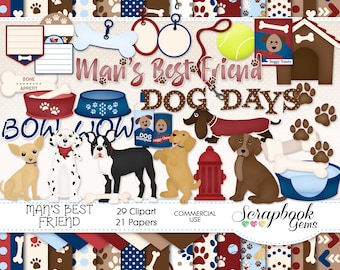 May include: A digital scrapbook kit with a dog theme. The image features various dog breeds, paw prints, dog bones, and the phrases "Man's Best Friend" and "Dog Days." Includes 29 clipart and 21 papers.