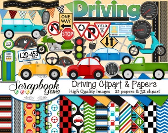 DRIVING Clipart and Papers Kit, 32 png Clip Arts, 21 jpeg Papers Instant Download car truck auto motorcycle motor scooter moped road street