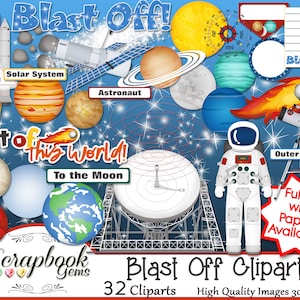 BLAST OFF Clipart, 32 png Clipart Dateien Instant Download Mond Teleskop Lovell Astronaut Nacht Himmel Space Shuttle Rakete Planeten Sonne Kompass