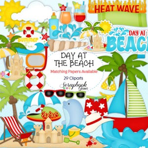 Día en la playa Clipart, 29 archivos PNG Clipart Descarga instantánea velero, protector solar, ondas de agua, océano, arena, bikini, nube de sol, palmera