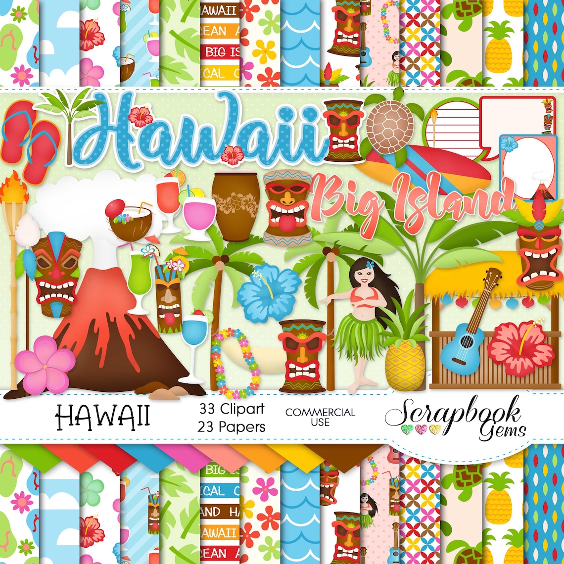 HAWAII Clipart and Papers Kit, 33 Png Clip Arts, 23 Jpeg Papers Instant ...