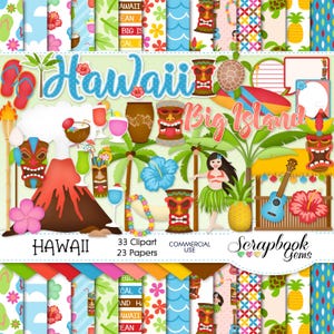 HAWAII Clipart and Papers Kit, 33 png Clip arts, 23 jpeg Papers Instant Download maui tropical beach ocean sea tiki volcano guitar alcohol