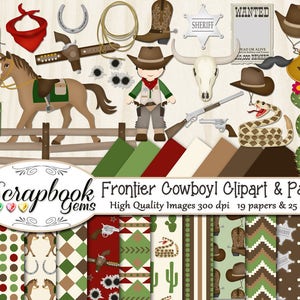 FRONTIER COWBOY Clipart & Papers Kit, 25 png Clip arts, 19 jpeg Papers Instant Download western cowgirl gun rifle pistol west horse cactus