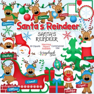 SANTA'S REINDEER Clipart, 39 png Clipart Datei Sofort Download Winter Weihnachtsbaum Geschenk Schneemann Schornstein Strumpf Schlitten Rudolph Weihnachten