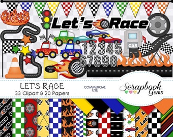 LET'S RACE Clipart and Papers Kit, 33 png Clip arts, 20 jpeg Papers Instant Download street, road race, pickup truck, checkered flag, track