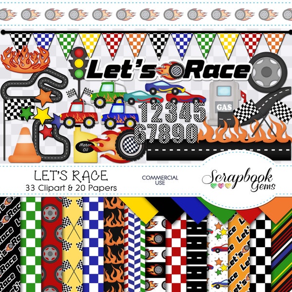 LET'S RACE Clipart and Papers Kit, 33 png Clip arts, 20 jpeg Papers Instant Download street, road race, pickup truck, checkered flag, track