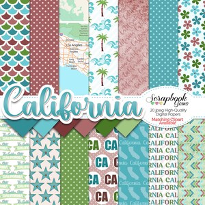 CALIFORNI State Digital Papers, 20 stuks, 12" x 12", hoge kwaliteit jpeg's, direct downloaden, palmboom, walk of fame, kaart van californië, schalen