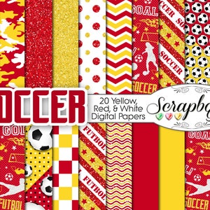 Papéis digitais de futebol Futbol vermelho, amarelo e branco 20 peças, 12" x 12", JPEGs de alta qualidade Download instantâneo comercial Manchester Inglaterra