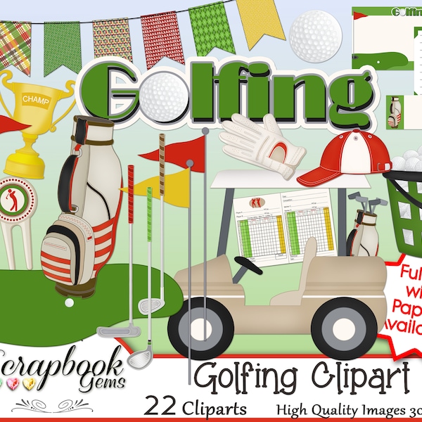 GOLFING Clipart, 22 png Clipart files Instant Download sports golf clubs golf ball golf cart putter driver iron pegs trophy sporting banner