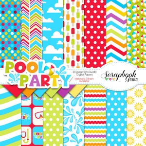 May include: A set of 20 digital papers featuring various summer-themed patterns, including polka dots, stripes, zigzags, and ice cream cones. The papers are in bright colors like red, blue, yellow, and green. The text "POOL PARTY" is featured in a banner at the top of the image.
