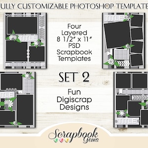 Four 8 1/2" x 11" Digital Scrapbook Layered Photo Templates, PSD Format digiscrap photoshop customizable editable photo collage