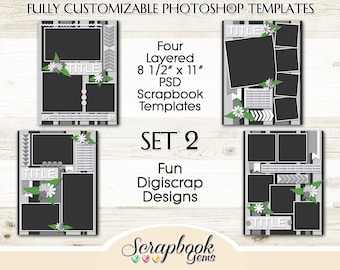 Four 8 1/2" x 11" Digital Scrapbook Layered Photo Templates, PSD Format digiscrap photoshop customizable editable photo collage