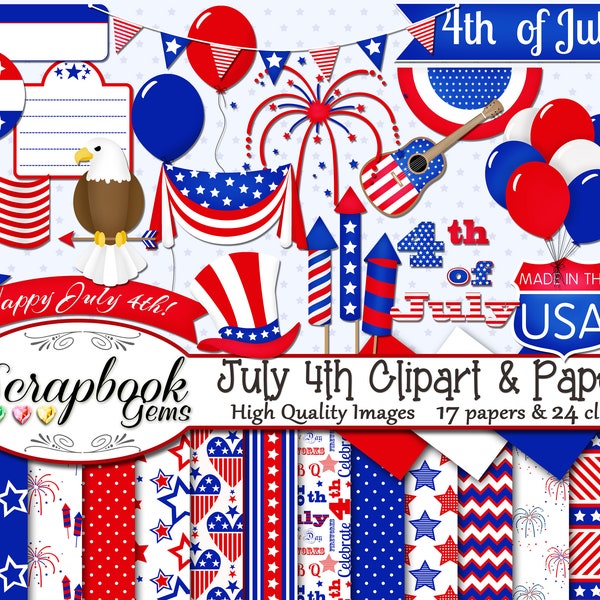 JULY 4TH Clipart & Papers Kit, 24 png Clip arts, 17 jpeg Papers Instant Download fireworks fire crackers rocket balloon eagle patriotic flag