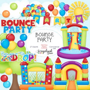 BOUNCE PARTY Clipart, 27 file clipart png, download immediato, castello gonfiabile, piscina gonfiabile, palloncino, festa di compleanno, gabbia per palline, scivolo d'acqua