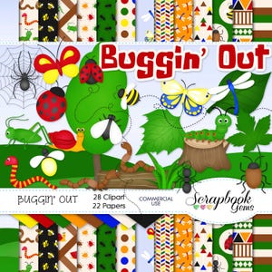 BUGGIN OUT Clipart & Papiere Kit, 28 png Clip arts, 22 jpeg Papiere Sofortiger Download wurm Biene Marienkäfer Raupe Käfer Käfer Insekt Spinnennetz