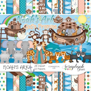 Die Arche NOAH Clipart & Papiere Kit, 28 png Clipart Dateien, 22 jpeg Papierdateien, Instant Download Gott Tiere Elefant Wellen Ozean Meer Boot Tiger