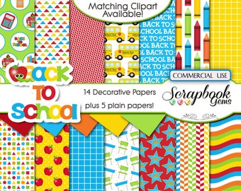 BACK TO SCHOOL #2 Digital Papers, 19 Pieces, 12" x 12", High Quality JPEGs, Instant Download, notebook, school bus, crayons, desks, chairs