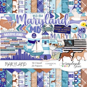 MARYLAND Clipart und Papiere Kit, 56 png ClipArts, 20 jpeg Papiere, sofortiger Download USA, Marine, Baltimore, Pferde, Möwe, Segeln