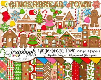 GINGERBREAD TOWN Clipart and Papers Kit, 34 png Clip Arts, 21 jpeg Papers Instant Download candy cookies cupcake sweets christmas home tree