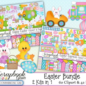 OSTERN PAKET - 2 Kits in 1, 60 Cliparts & 42 Papers, Instant Download, Osterhase, Küken, Ente Hase, Osterzug, Ei, Karotte, Frühling
