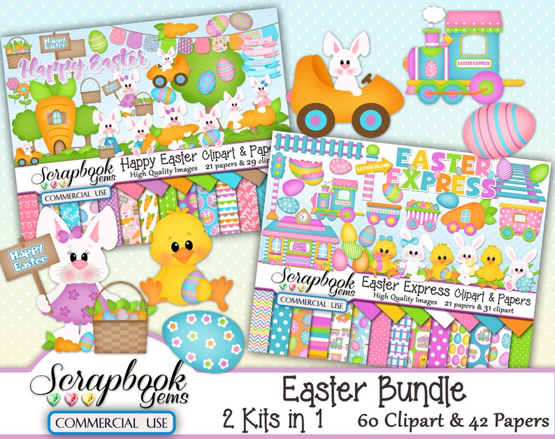 EASTER BUNDLE - 2 Kits in 1, 60 Cliparts & 42 Papers, Instant Download ...