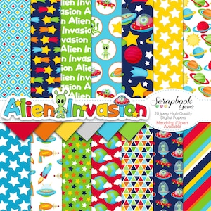 Könnte beinhalten: Ein Set mit 20 digitalen Papieren zum Thema Alien-Invasion. Die Papiere enthalten verschiedene Muster mit Sternen, Planeten, Raumschiffen und Außerirdischen in den Farben Blau, Grün, Rot, Gelb und Weiß.