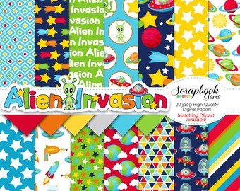 ALIEN INVASION Digital Papers, 20 Pieces, 12" x 12", High Quality JPEGs, Instant Download, ufo, martian, flying saucer, space, planets, star
