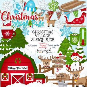 CHRISTMAS Schlittenfahrt Clipart, 30 Png Clipart Dateien, Sofort Download, Winter, Schneemann, Dorf, Rentier, Kiefer, Schneemann, Handschuhe, Schnee