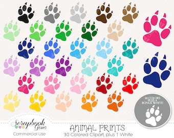 May include: Thirty colorful paw prints in various colors, including red, blue, green, yellow, and pink. There is also a white paw print. The text "ANIMAL PRINTS" and "30 Colored Clipart, plus 1 White" is at the bottom of the image.