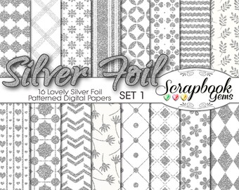 May include: A collection of 16 silver foil patterned digital papers. The designs include various patterns such as floral, geometric, and striped, all in shades of silver and white. The text "Silver Foil" and "Scrapbook Gems" are also visible.