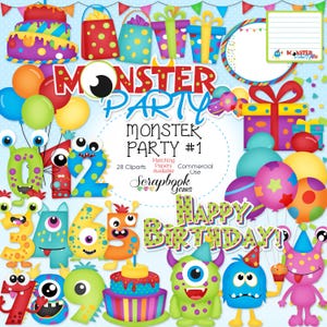 MONSTER PARTY Kit #1 Clipart, 28 png Dateien, Instant Download Monster Geburtstag Party Luftballons Kuchen Geschenk Anzahl Kerzen Junge