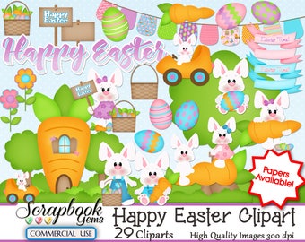 GLÜCKLICH Ostern Clipart, 29 Png Clipart-Dateien, Instant Download gefärbten Eiern Blumen Karotten Frühling Frühling prickelnde Hasen Banner Kaninchen