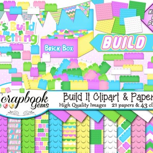 BUILD IT Clipart and Papers Kit, 43 png Clip arts, 21 jpeg Papers Natychmiastowe pobieranie klocki klocki zabawki czas zabawy dzieci dziewczyny