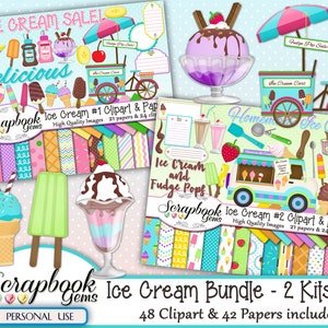May include: A digital scrapbook bundle featuring ice cream-themed clipart and papers. The image includes various ice cream treats, ice cream carts, and patterned papers. Text includes "Ice Cream Sale!" and "Ice Cream Bundle - 2 Kits in 1".