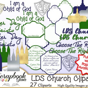 May include: A digital clipart set featuring images related to the Latter Day Saints church. The set includes images of temples, the CTR logo, and text phrases like "I am a child of God" and "Latter Day Saints". The set includes 27 high-quality images at 300 dpi.