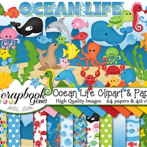 OCEAN LIFE Clipart and Papers Kit, 40 png Clip arts, 24 jpeg Papers Instant Download ocean beach whale crab dolphin lobster water bubble