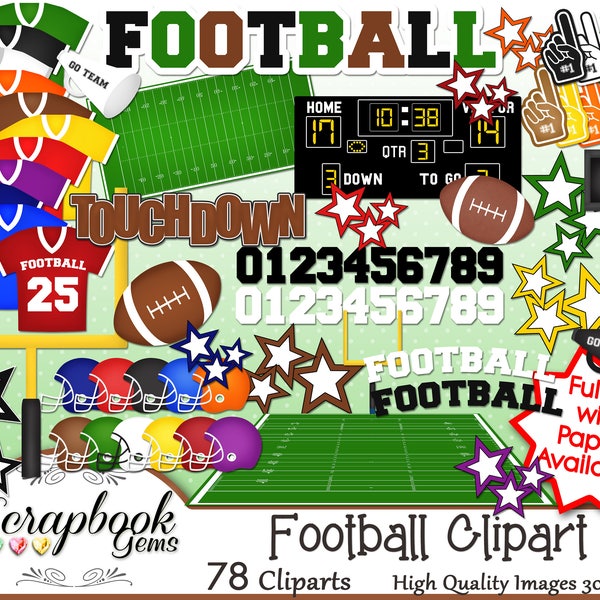 FOOTBALL Clipart, 78 png Clipart files Instant Download sports ball goalpost rugby scoreboard football field jersey helmet team touchdown