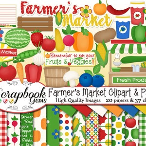 FARMER'S MARKET Clipart and Papers Kit, 37 png Clip arts, 20 jpeg Papers Instant Download farm vegetable fruit tomato pepper apple produce