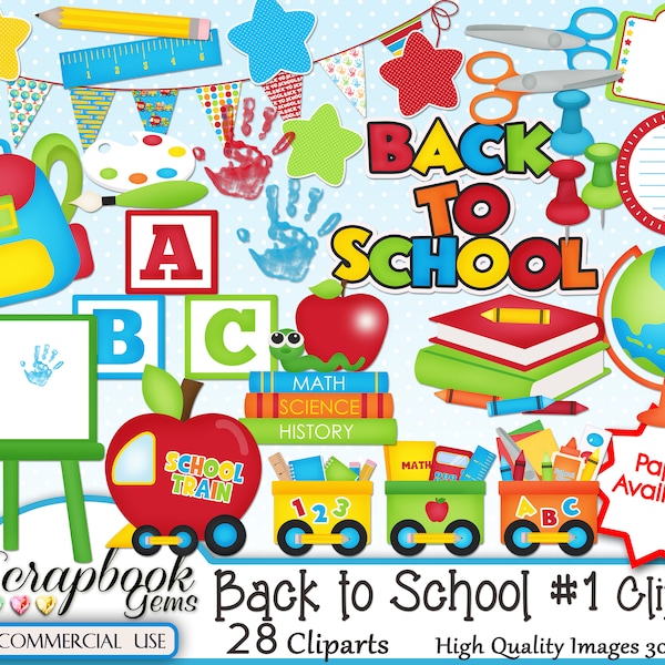 BACK TO SCHOOL #1 Clipart, 28  png Clipart files, Instant Download, commercial use, backpack, text book, school train, globe, finger paint