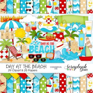 Day At The Beach Clipart & Papers Kit, 29 png Clipart Dateien, 20 jpeg Papierdateien, Instant Download, Sand, Segelboot, Strand, Wellen, Palme