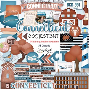 Może przedstawiać: Pakiet cyfrowych papierów do scrapbookingu z 58 obrazkami clipart przedstawiającymi różne ilustracje związane ze stanem Connecticut. Ilustracje obejmują latarnię morską, wiatrak, homara, samolot, stodołę, mapę Connecticut i tekst "Connecticut".
