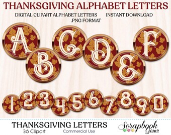 Autumn/Thanksgiving Letters & Numbers Digital Clipart, 37 High Quality PNG files, Instant Download