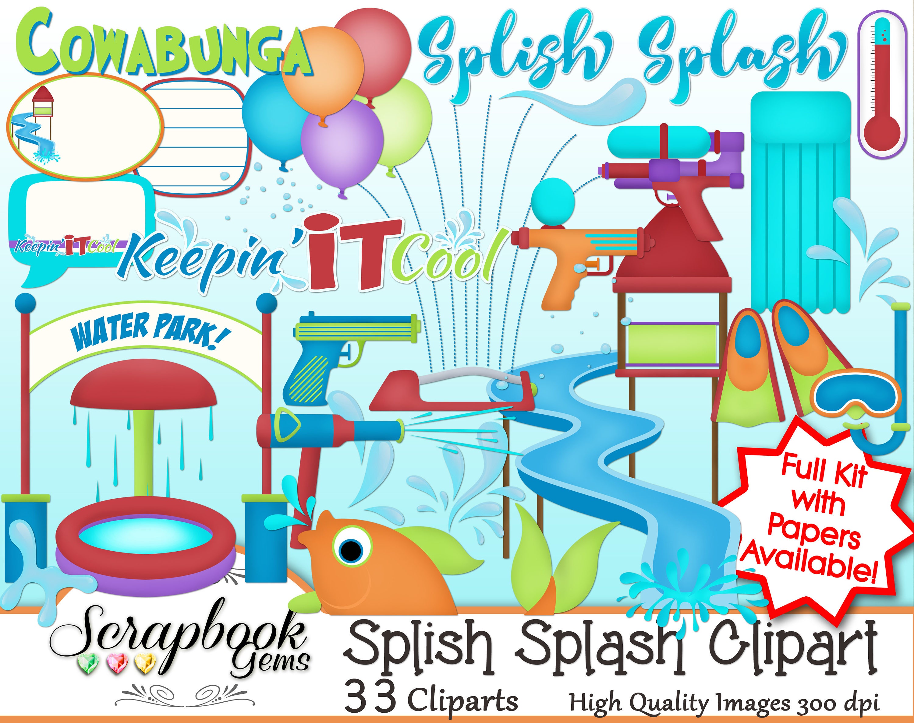 SPLISH SPLASH Clipart, 33 png Clipart files Instant Download tags waterpark water park droplets slide raft thermometer rides amusement pool