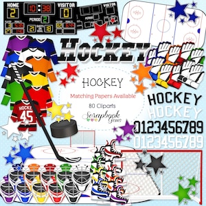 HOCKEY Clipart, 80 png Clipart files Instant Download sports hockey puck hockey stick ice rink hockey mask gloves skates scoreboard jersey