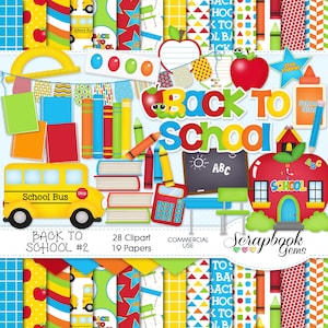 BACK TO SCHOOL #2 Clipart & Papiere Kit, 28 png Clipart Dateien, 19 jpeg Papier Dateien, sofortiger Download, Schulhaus, Schulbus, Tafel